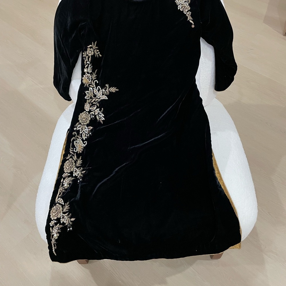 Black Velvet Palazzo Pants with Gold Embroidered Detail